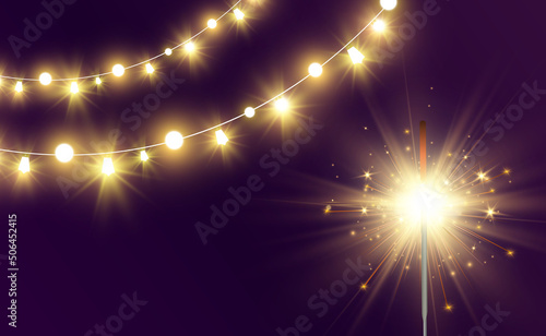 Magical light. Sparkler. Candle sparkling on the background. Realistic vector light effect. Winter, seasonal christmas decoration illustration.