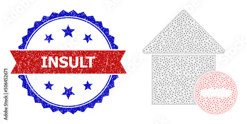 Polygonal delete house wireframe icon, and bicolor scratched Insult watermark. Polygonal carcass symbol designed with delete house icon.