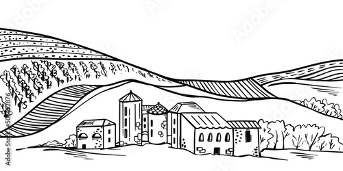 Italian provincial landscape with vineyard fields and houses. Outline illustration of hilly italian countryside. Vector mountaine design. photo
