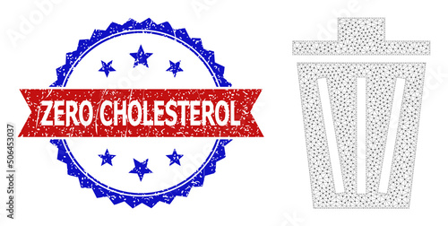 Polygonal bucket wireframe icon, and bicolor grunge Zero Cholesterol seal. Mesh carcass illustration created from bucket icon.