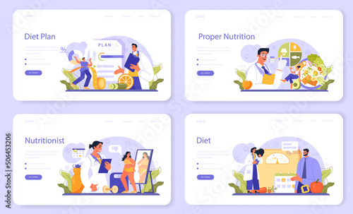 Nutritionist web banner or landing page set. Nutrition therapy