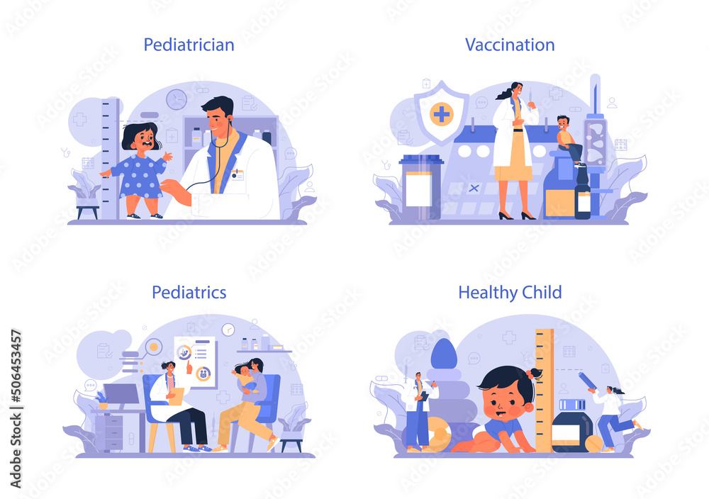 Pediatrician concept set. Doctor examining a child with stethoscope Pediatrician concept set. Doctor examining a child with stethoscope