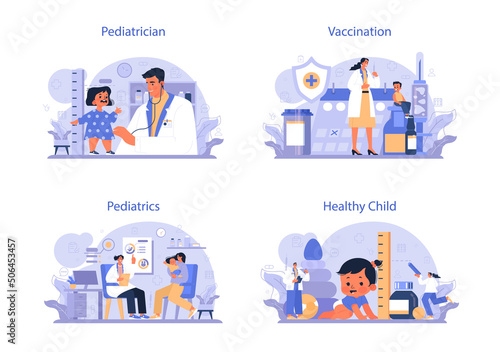 Pediatrician concept set. Doctor examining a child with stethoscope