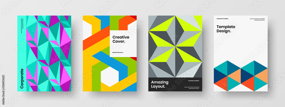Unique geometric tiles flyer illustration bundle. Multicolored company brochure vector design layout collection.