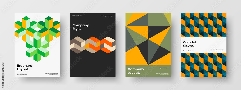 Minimalistic corporate brochure A4 design vector layout bundle. Unique mosaic hexagons postcard concept set.