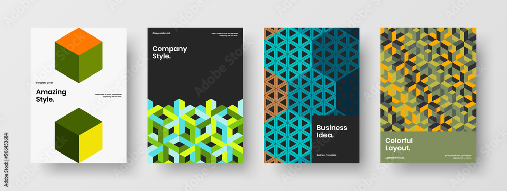 Fototapeta premium Colorful geometric pattern corporate brochure layout set. Abstract journal cover A4 design vector template composition.