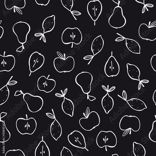 Vector seamless pattern with hand drawn fruits in doodle style. For feast invitation, fabric, kitchen textile, towel print, wrapping paper, cover of cooking book, packaging design, template labels.
