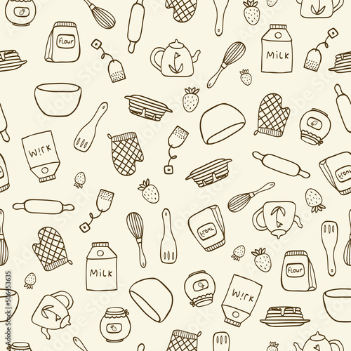 Vector seamless pattern with hand drawn food and kitchen items in doodle style. For feast invitation, fabric, kitchen textile, towel print, cover of cooking book, packaging design, template labels.