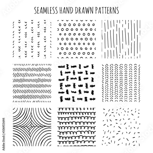 Vector set of 9 seamless patterns. Hand-drawn collection of textures for fabric, textile and linen, decoration and invitation, wallpaper, pattern fills or web page background, gift and wrapping paper