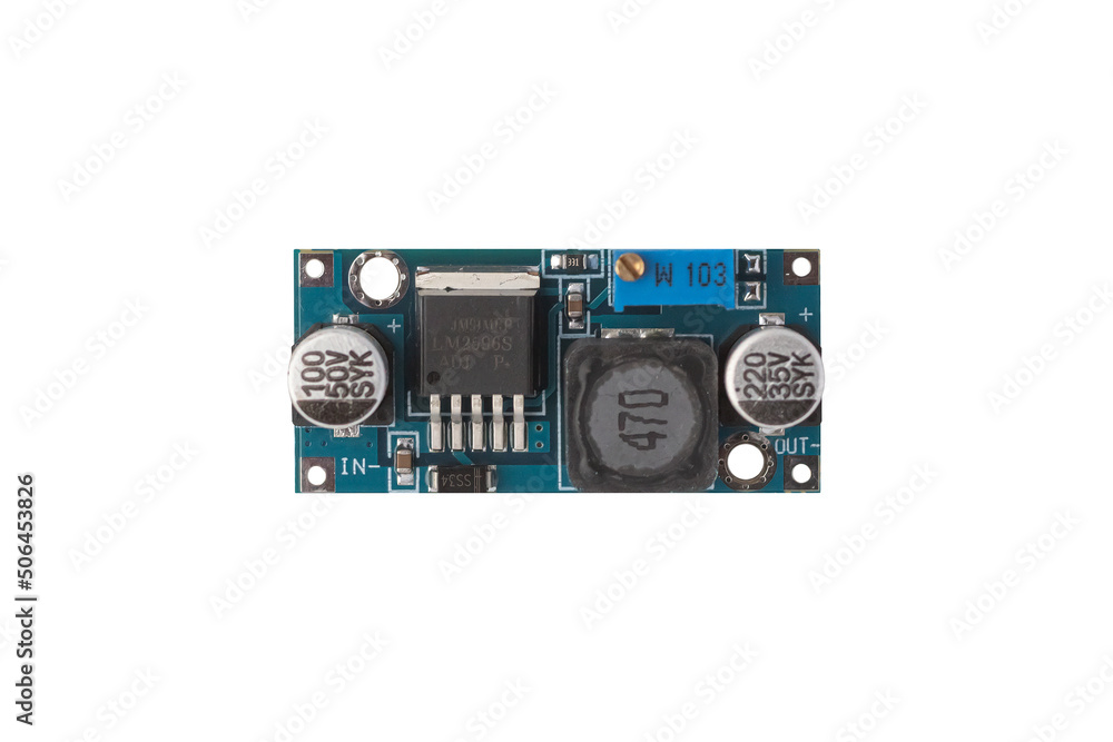 Fototapeta premium Stabilizer and voltage converter lowering circuit board isolated on white. op view.