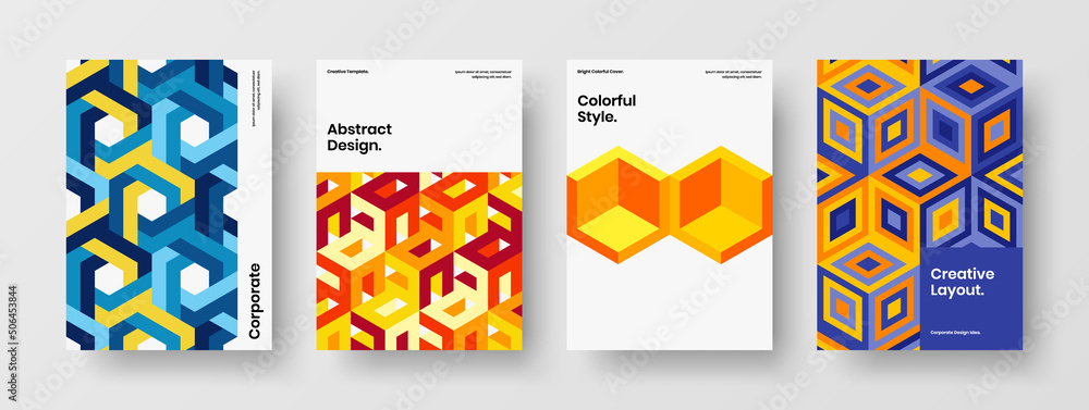 Isolated geometric tiles company identity illustration collection. Minimalistic flyer design vector template bundle.