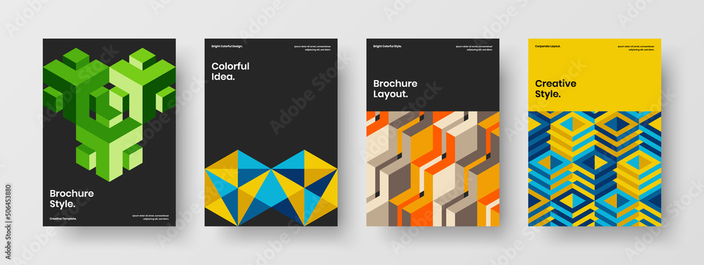Bright geometric tiles presentation template bundle. Modern company brochure A4 design vector concept set.