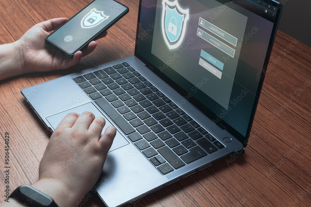 Woman use laptop to logging in personal user information. Security information and encryption. Cyber security concept. Secure internet access. Private digital interface. Woman use laptop to logging in personal user information. Security information and encryption. Cyber security concept. Secure internet access. Private digital interface.