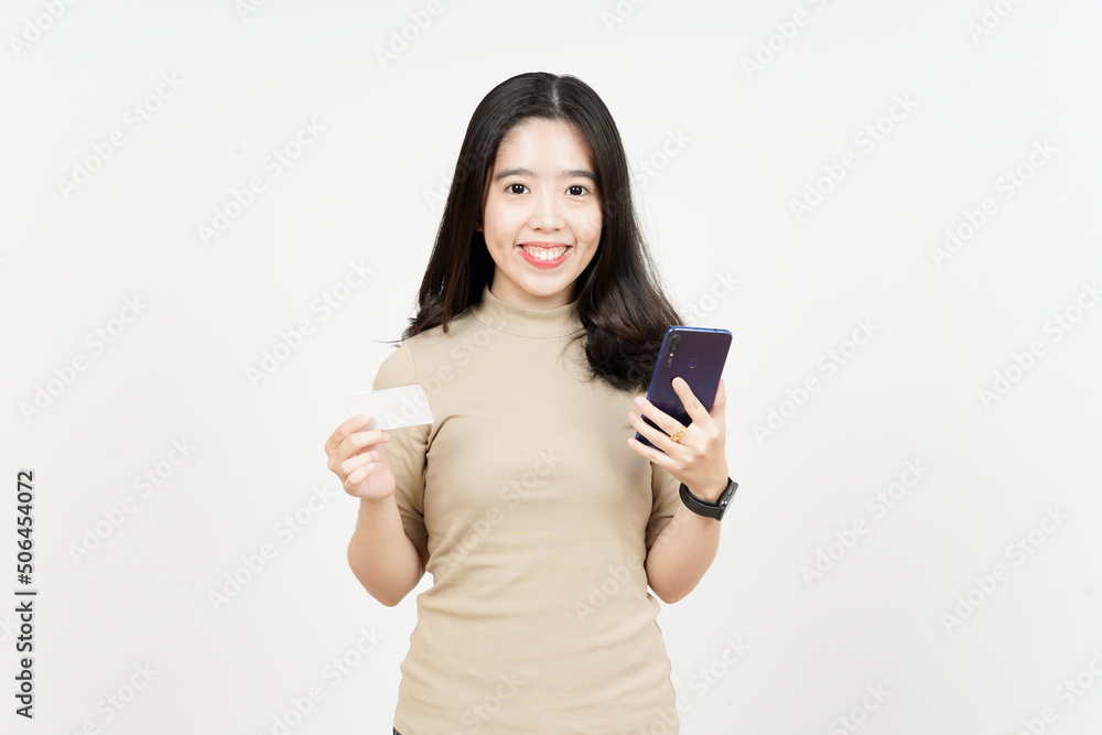 Holding Smartphone and Blank Bank Card or Credit Card Of Beautiful Asian Woman Isolated On White Holding Smartphone and Blank Bank Card or Credit Card Of Beautiful Asian Woman Isolated On White
