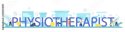 Physiotherapist typographic header. Doctor helping patient during sport