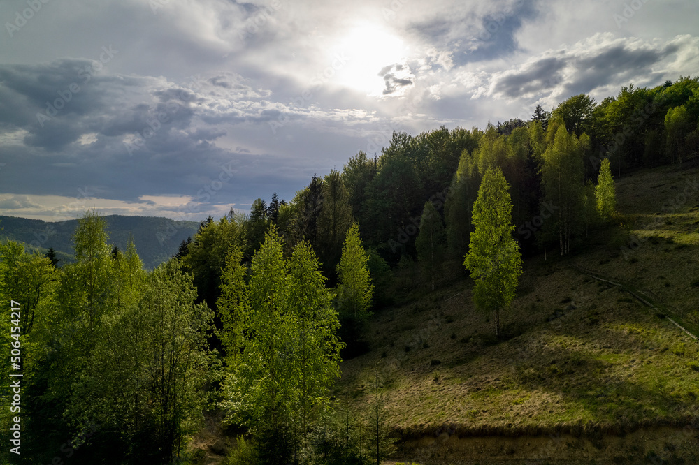 Top down aerial view of carpathian mountains covered with trees colored into spring colors The gorgeous fresh colors of spring foliage Top down aerial view of carpathian mountains covered with trees colored into spring colors The gorgeous fresh colors of spring foliage