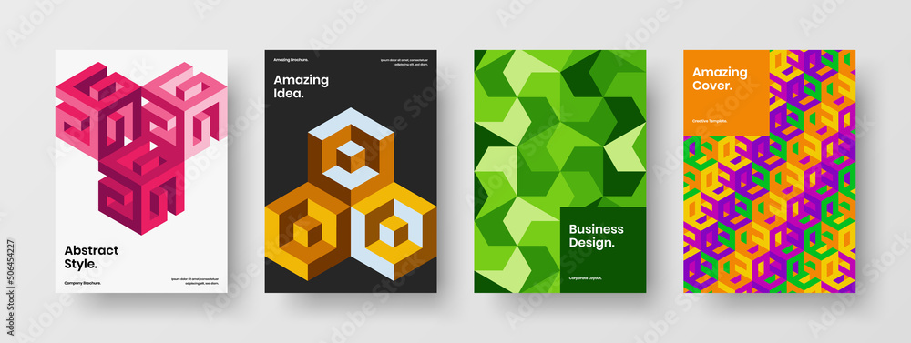 Fototapeta premium Vivid magazine cover design vector template bundle. Unique geometric hexagons postcard concept collection.