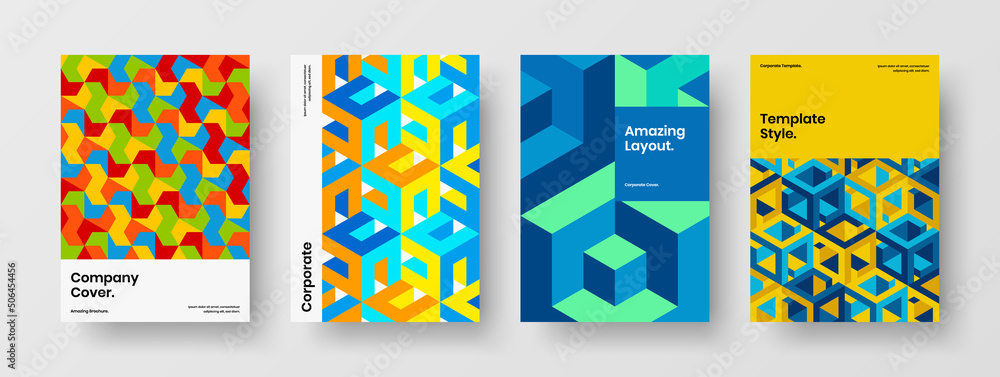 Unique journal cover A4 design vector illustration set. Clean geometric shapes placard concept composition.