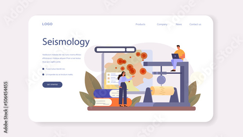 Volcanologist web banner or landing page. Geologist studying the processes