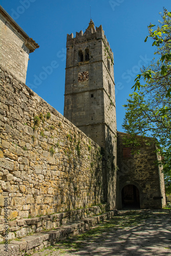 The town walls and belltower of the Parish Church of the Assumption of Mary in the medieval village of Hum in Istria, Croatia. The 11th-12th century main entrance gate, Glavna Gradska Vrata, is on the photo