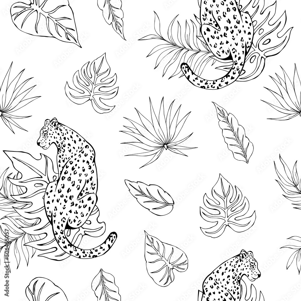 Tropic summer painting seamless pattern with leopard and tropical leaves. Tropical botanical motives. Vector illustration. Summer decoration print for wrapping, wallpaper, fabric. Tropic summer painting seamless pattern with leopard and tropical leaves. Tropical botanical motives. Vector illustration. Summer decoration print for wrapping, wallpaper, fabric.
