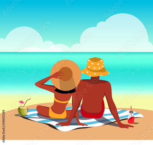 Vector illustration summer background with sea beach, blue sky and clouds on a sunny day, couple in love family man and woman on vacation sunbathing and swimming in the ocean