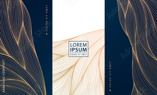 Set of vector collection design elements: labels, frames, wedding invitations, social net stories, packaging, luxury products, perfume, soap, wine, lotion. Wavy line golden backgrounds, patterns.