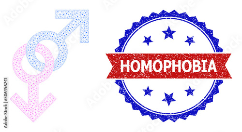 Net gay pair sign wireframe illustration, and bicolor unclean Homophobia seal stamp. Polygonal wireframe illustration is designed with gay pair sign icon.
