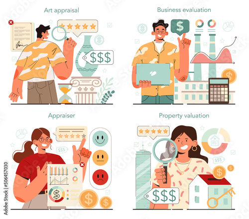 Valuables evaluation concept set. Appraisal services, selling and buying