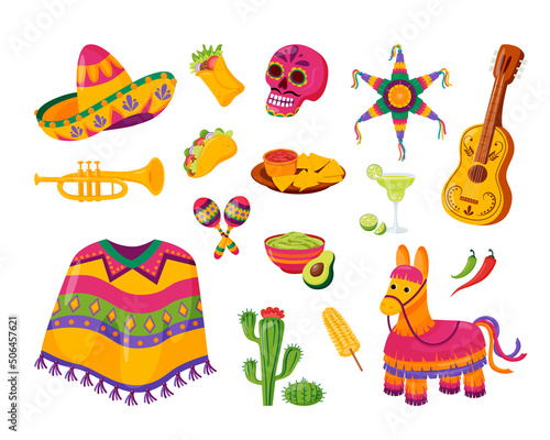 Mexico icons carnival holidays vector party festival symbols and travel design elements illustration. Mexican food and other sign.