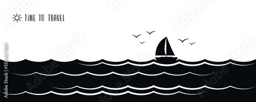 yacht marine sailboat on the sea silhouette black and white