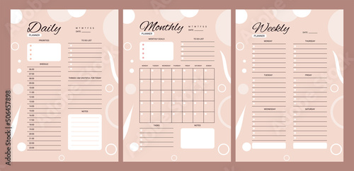 Set of Daily Weekly Monthly planner printable template Vector. Blank printable vertical notebook page