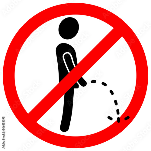 Peeing person icon. Black and white pictogram in red Forbidden Sign
