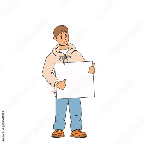 A man holds an advertising banner for text in front of him and shows a thumbs up.The concept of advertising or other information.Stock vector illustration of a man with a poster.Isolated background.