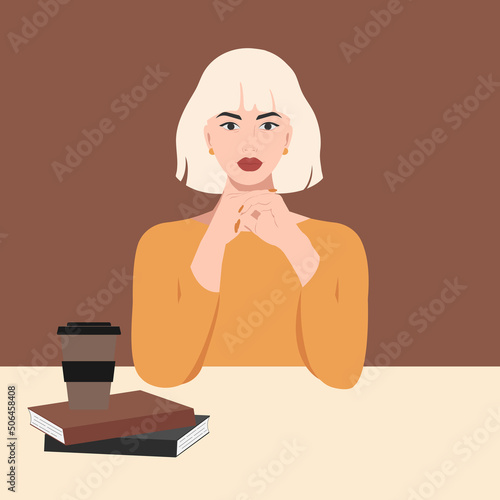 Beautiful blonde girl sitting at a table with books and coffee in trendy colours. The illustration is in a realistic style.
