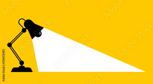Office desk lamp isolated on yellow background. Black office lamp with white light. Minimalistic banner design. Vector