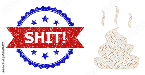 Network aroma shit framework icon, and bicolor dirty Shit! watermark. Mesh wireframe image is designed with aroma shit icon. Vector watermark with Shit! caption inside red ribbon and blue rosette,