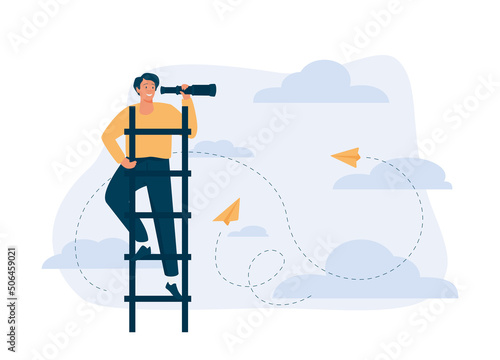 Businessman looks far for new business with binocular, Vector illustration doodle style.
