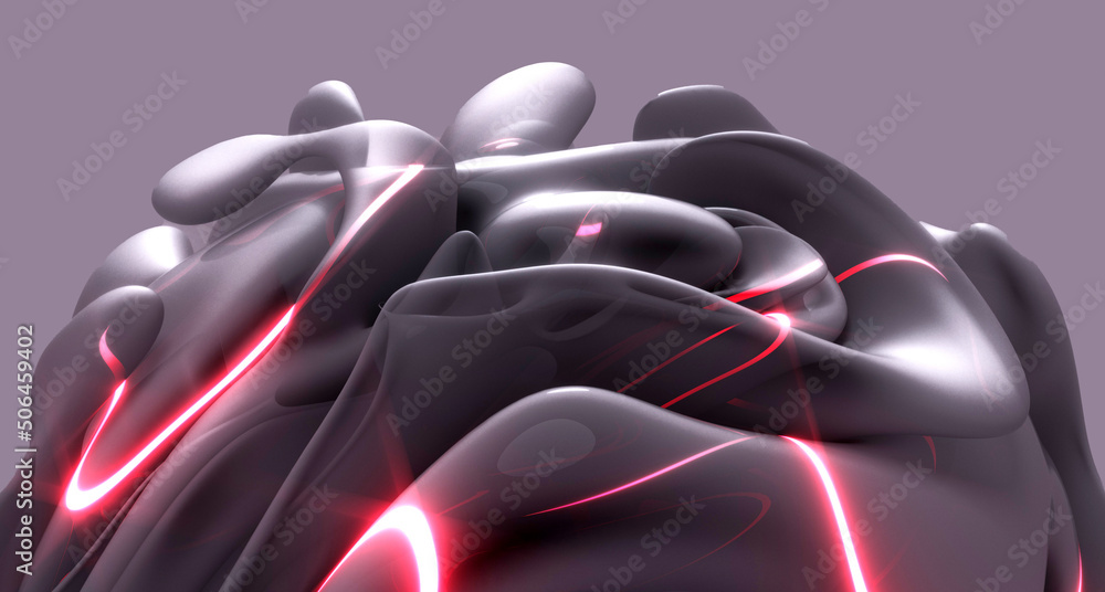 Obraz premium 3d render of abstract art background with part of surreal 3d alien ball sphere in curve wavy round organic lines forms in matte transparent plastic material with red glowing lines inside as core