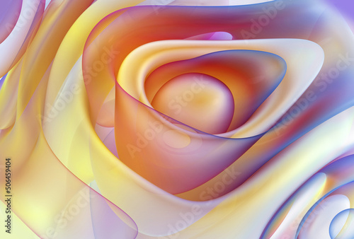 3d render with part of surreal abstract art 3d ball flower in organic curve round wavy smooth and soft bio forms in matte glass material painted in extreme gradient bright yellow and purple color