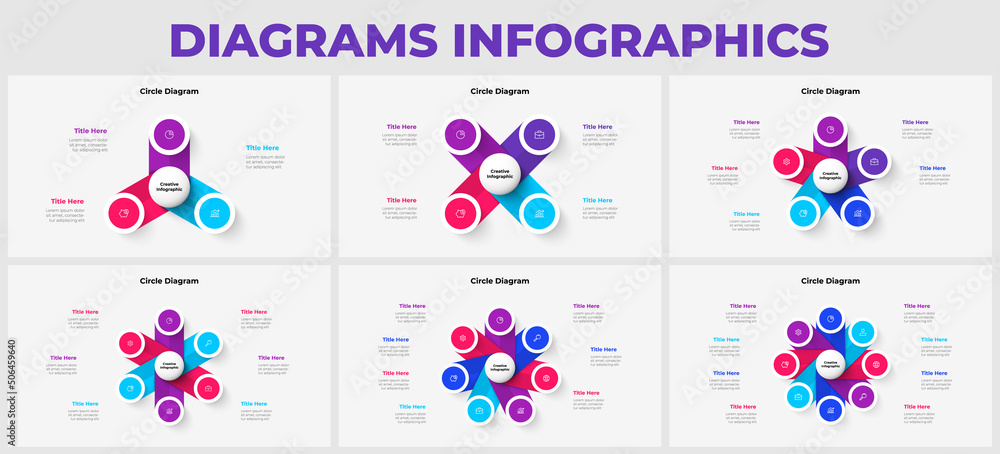 Set of cycle elements for business presentation and infographic. Diagrams with 3, 4, 5, 6, 7 and 8 options.