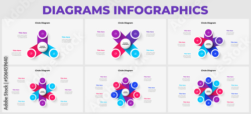 Set of cycle elements for business presentation and infographic. Diagrams with 3, 4, 5, 6, 7 and 8 options.