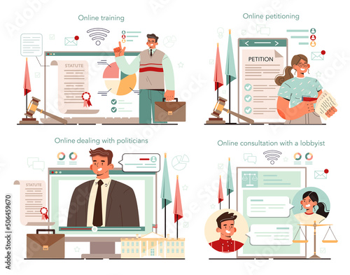 Lobbyist online service or platform set. Professional pr specialist