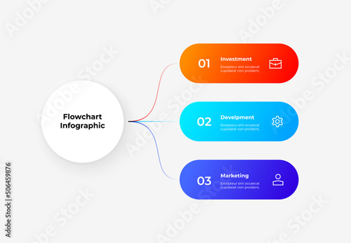White circle with colorful lines on the side. Abstract flowchart infographic with 3 options.