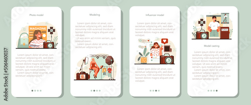 Photo model mobile application banner set. Man and woman represent