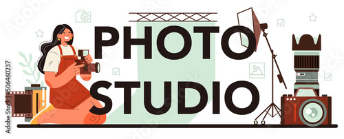Photo studio typographic header. Professional photographer with camera