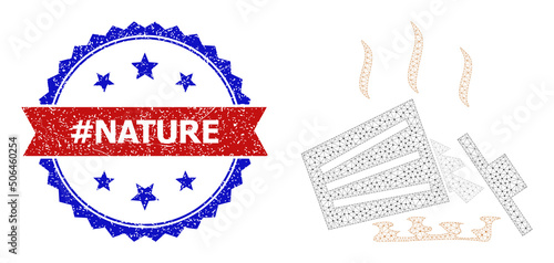 Mesh trash heap carcass illustration, and bicolor unclean #Nature watermark. Mesh carcass symbol is based on trash heap icon. Vector watermark with #Nature caption inside red ribbon and blue rosette,