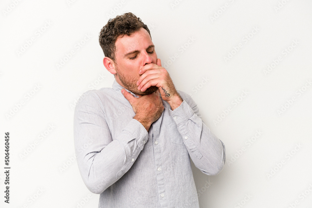 Young caucasian man isolated on white background suffers pain in throat due a virus or infection. Young caucasian man isolated on white background suffers pain in throat due a virus or infection.