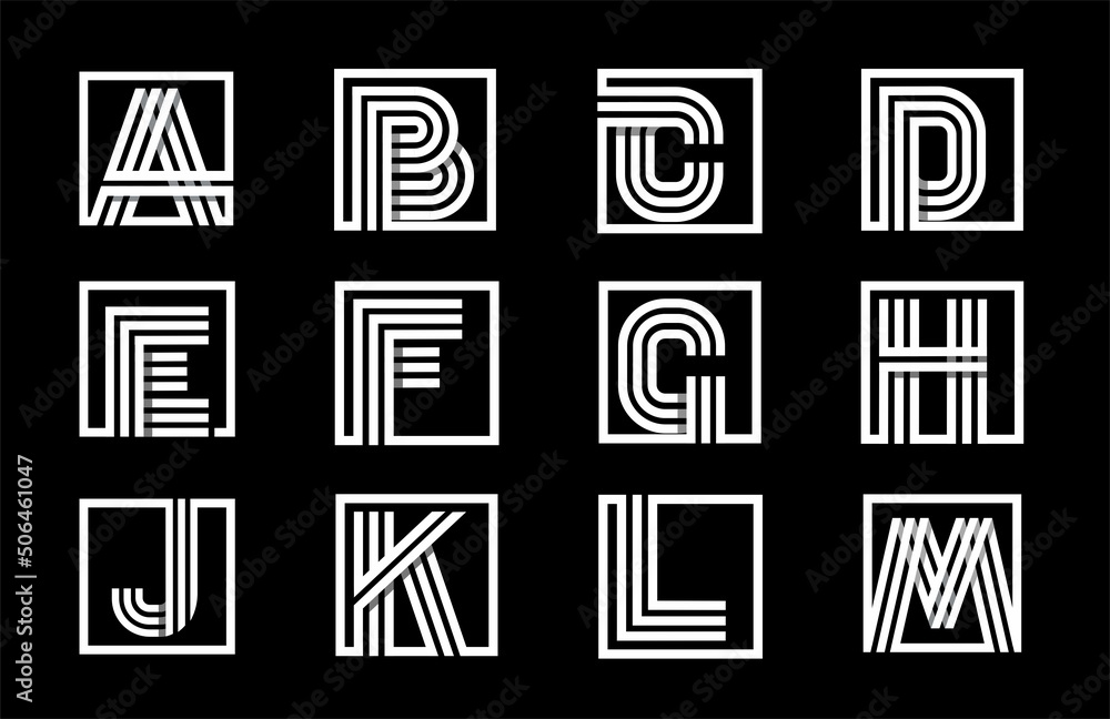 Decorative alphabet, font with capital letters. Modern set for monograms, logos, emblems, initials. Made of white stripes Overlapping with shadows inscribed in a square Decorative alphabet, font with capital letters. Modern set for monograms, logos, emblems, initials. Made of white stripes Overlapping with shadows inscribed in a square