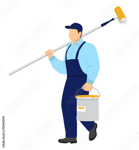 A uniformed worker walks with a roller and a bucket of paint in his hands. Decorator male, house painter. Apartment renovation. Isolated vector illustration in cartoon style on a white background